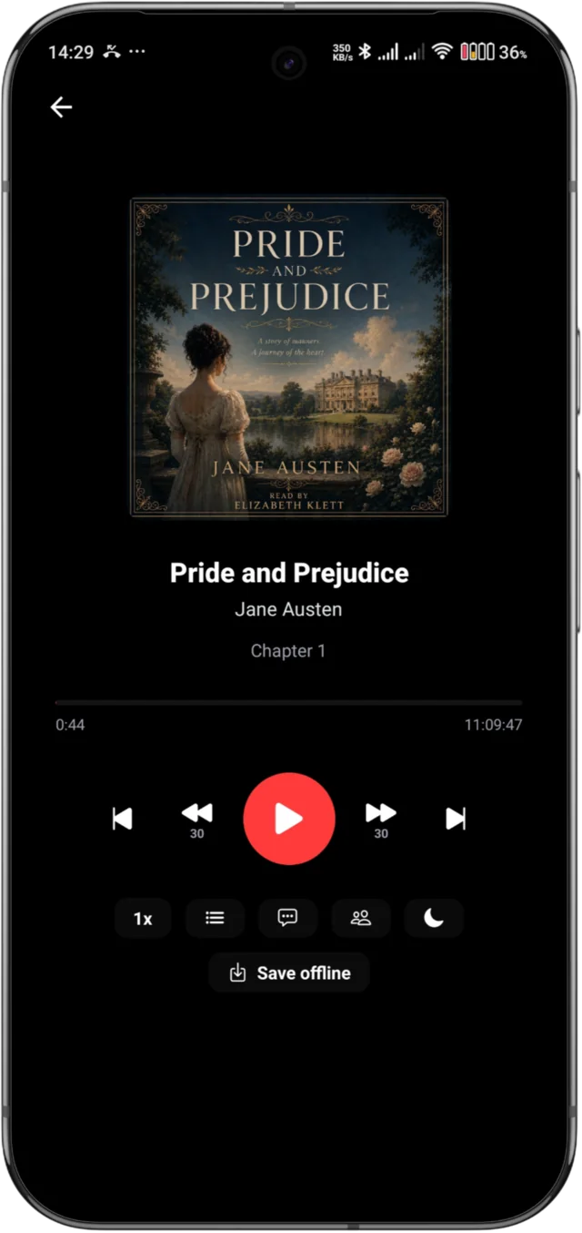 The LazyReader audiobook player playing Pride and Prejudice, chapter one, with transport controls, playback speed, a sleep timer and a save offline button.