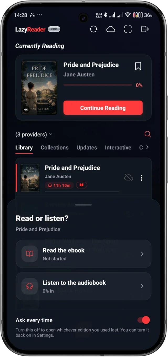 LazyReader asking whether to read the ebook or listen to the audiobook of Pride and Prejudice, with an option to remember the choice.